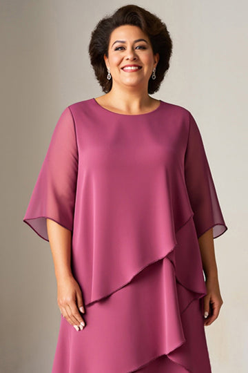 Vintage Mauve Chiffong Ruffled Plus Size Klänning för Brudens Mor med halva ärmar
